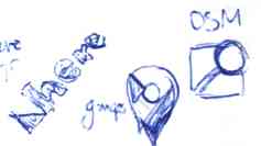 quickly sketched re-drawings of the logos of here, gmaps and open street map